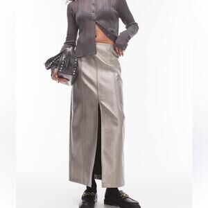 Topshop Silver Faux Leather Maxi Skirt Womens 6 Slit Whimsigoth Gunmetal Fall